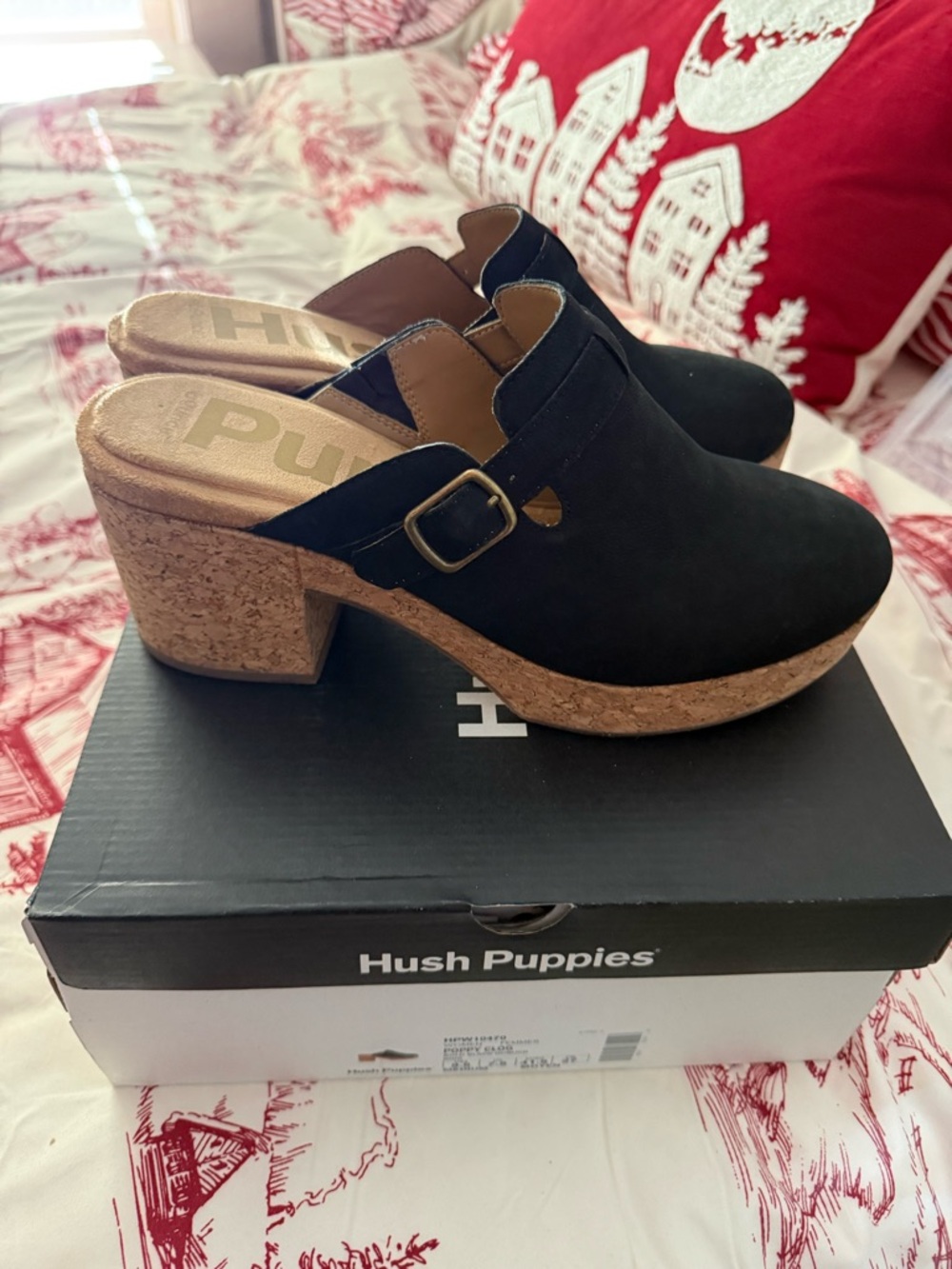 Hush Puppies Poppy Black Suede Cork-Block Heel Clogs, 9.5